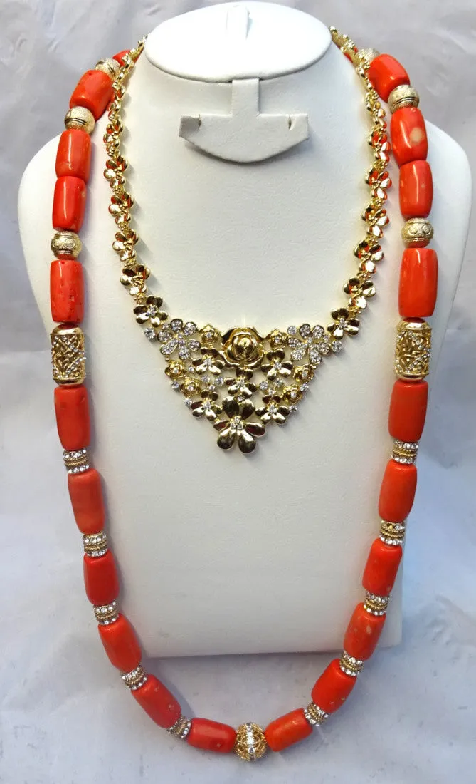 Combined Long Coral with Silver Gold Bling 1 Layers Original Traditional African Coral Beads With Gold Plated Necklace Jewelry Set