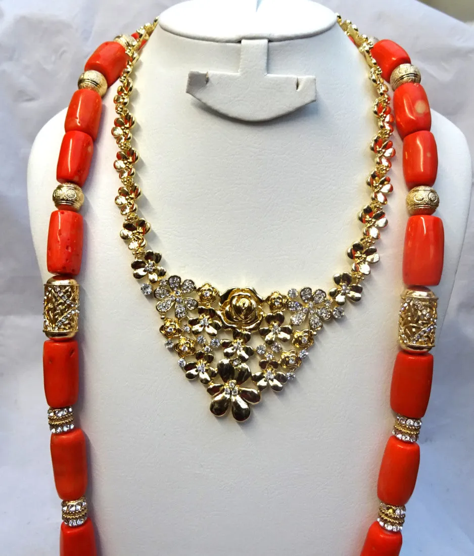 Combined Long Coral with Silver Gold Bling 1 Layers Original Traditional African Coral Beads With Gold Plated Necklace Jewelry Set