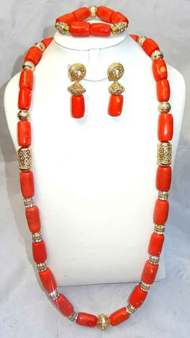 Combined Long Coral with Silver Gold Bling 1 Layers Original Traditional African Coral Beads With Gold Plated Necklace Jewelry Set