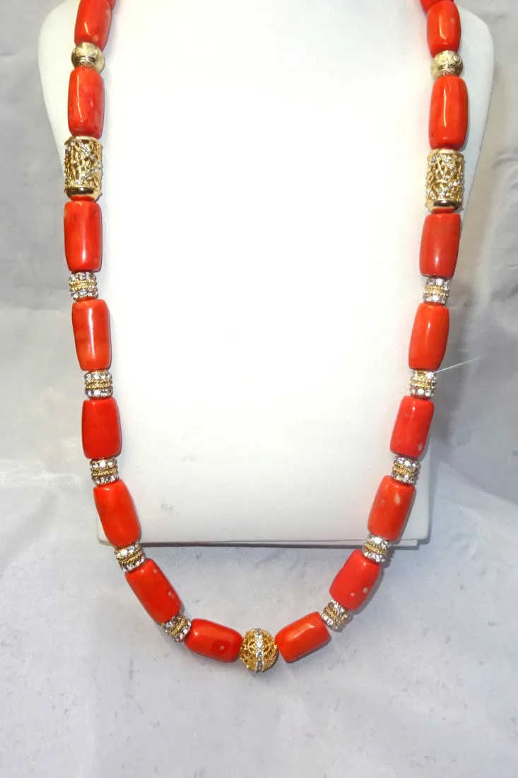 Combined Long Coral with Silver Gold Bling 1 Layers Original Traditional African Coral Beads With Gold Plated Necklace Jewelry Set