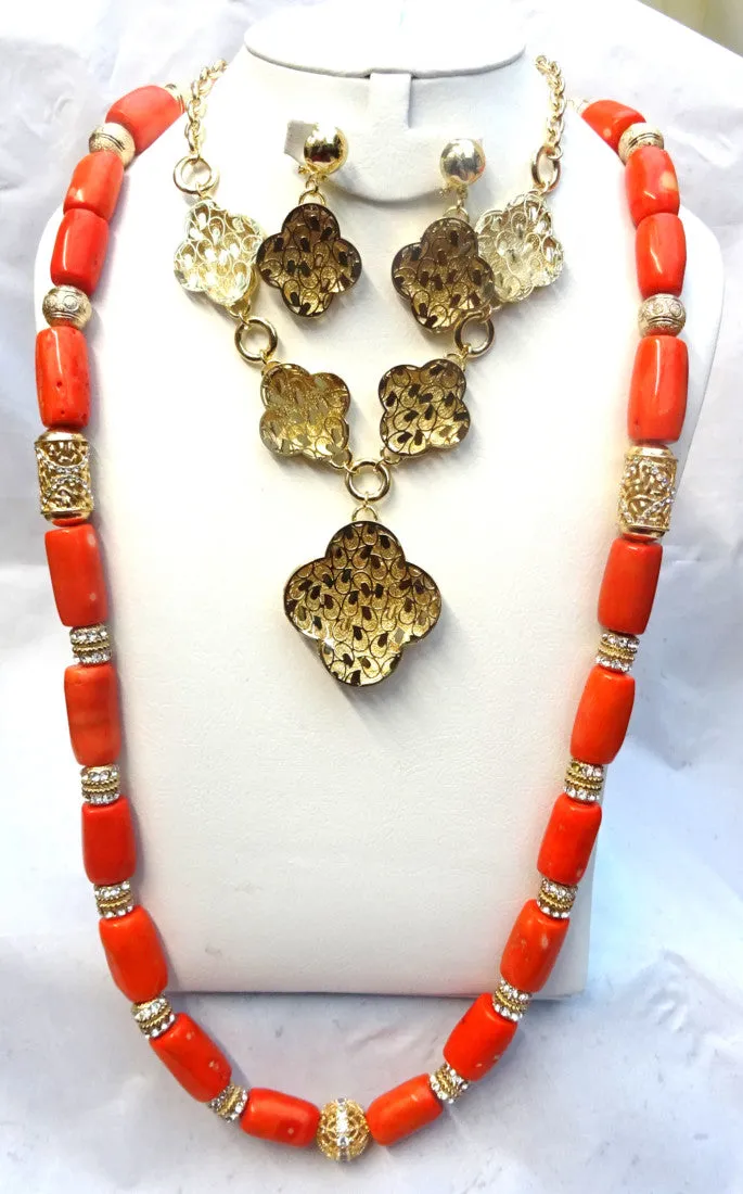 Combined Long Coral with Silver Gold Bling 1 Layers Original Traditional African Coral Beads With Gold Plated Necklace Jewelry Set