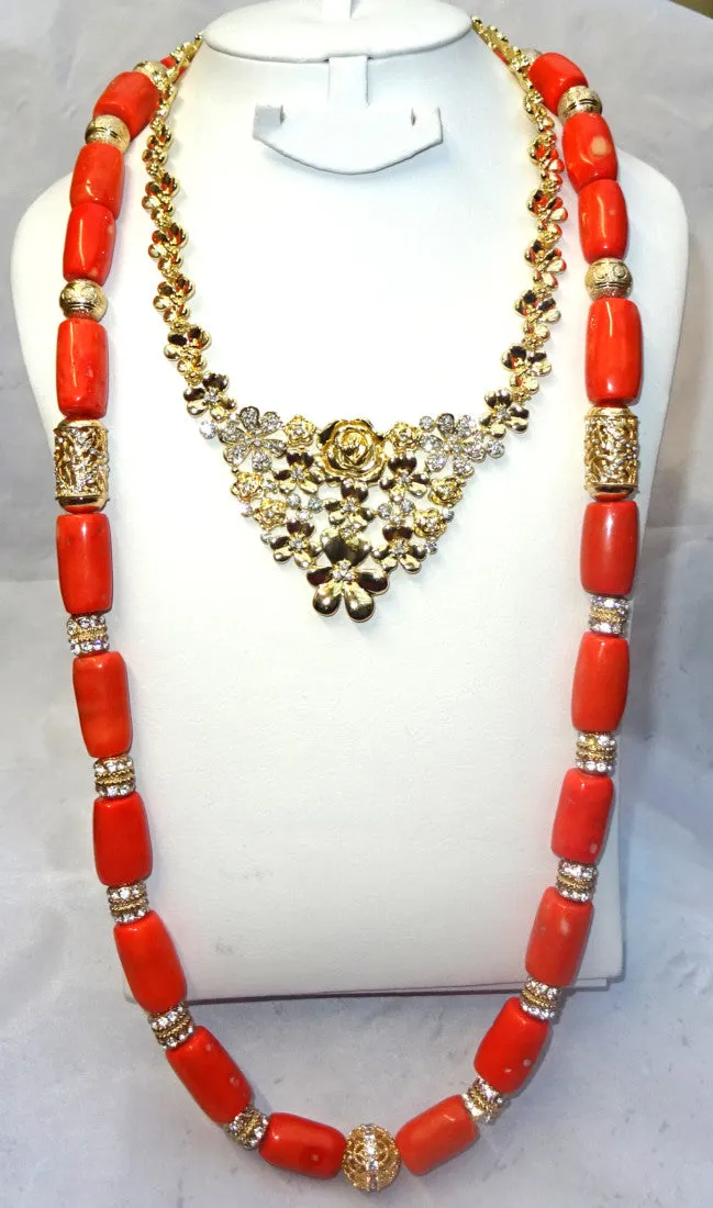 Combined Long Coral with Silver Gold Bling 1 Layers Original Traditional African Coral Beads With Gold Plated Necklace Jewelry Set