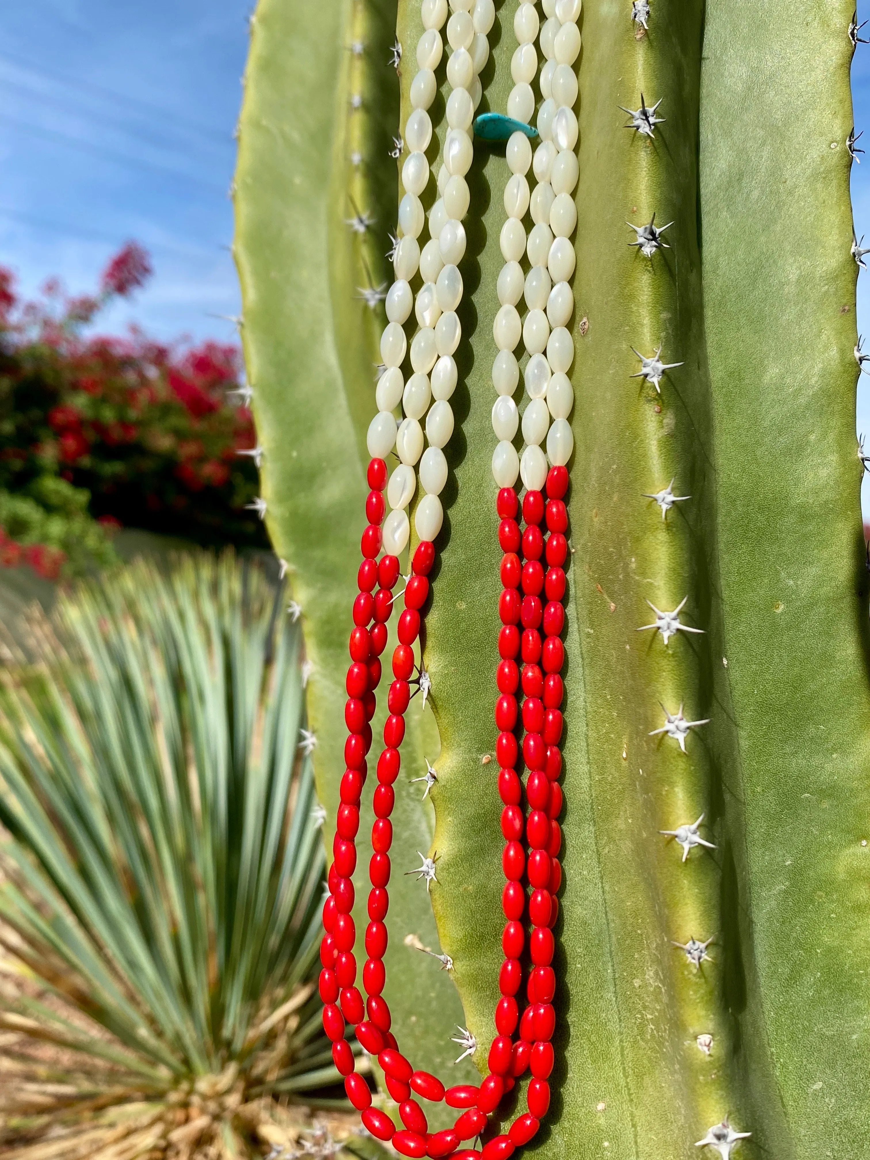 Coral and Pearl Necklace Three Strand Heishi Necklace