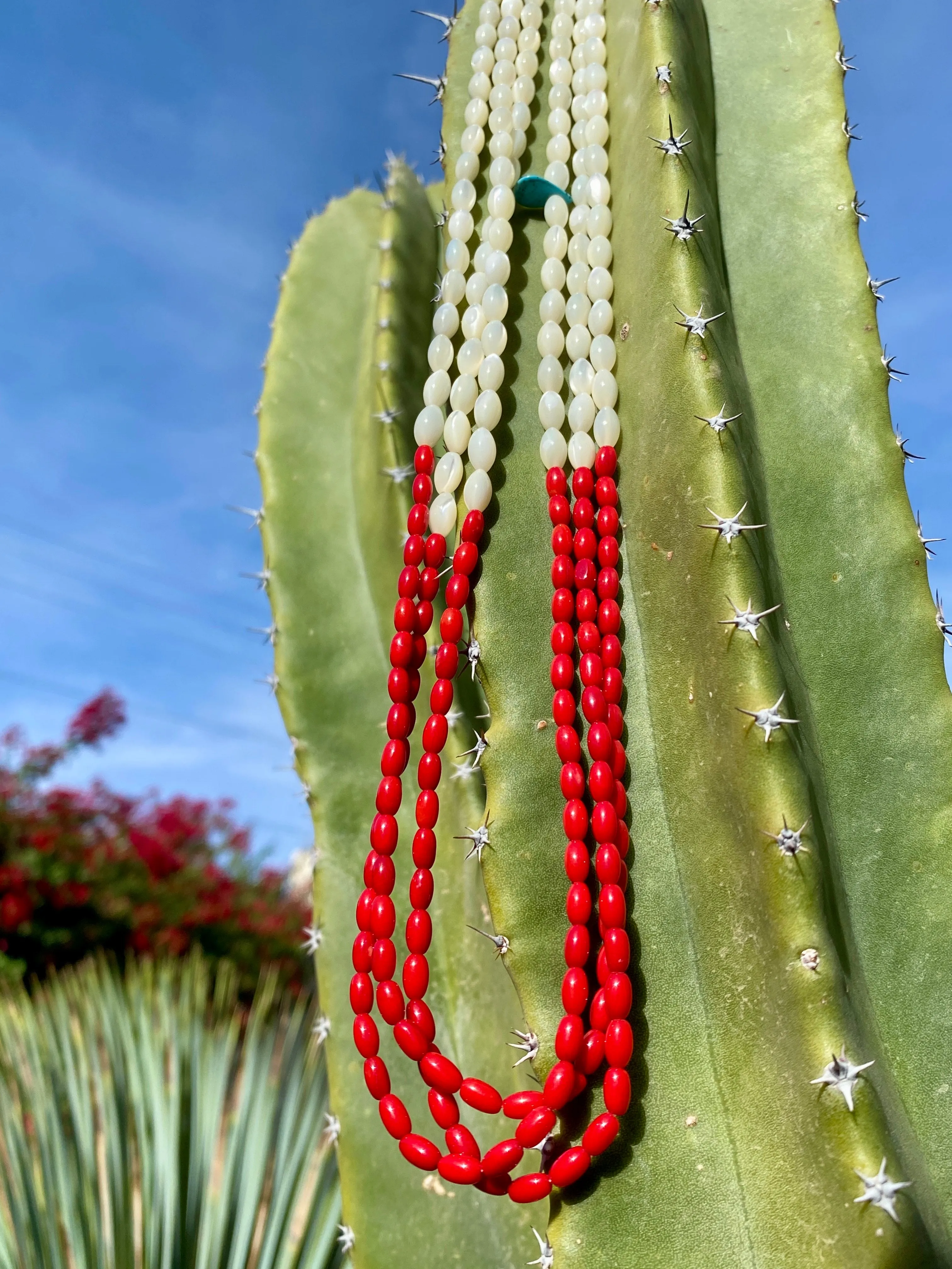 Coral and Pearl Necklace Three Strand Heishi Necklace