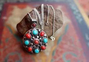 Coral and Turquoise Decoration Flower Pendant