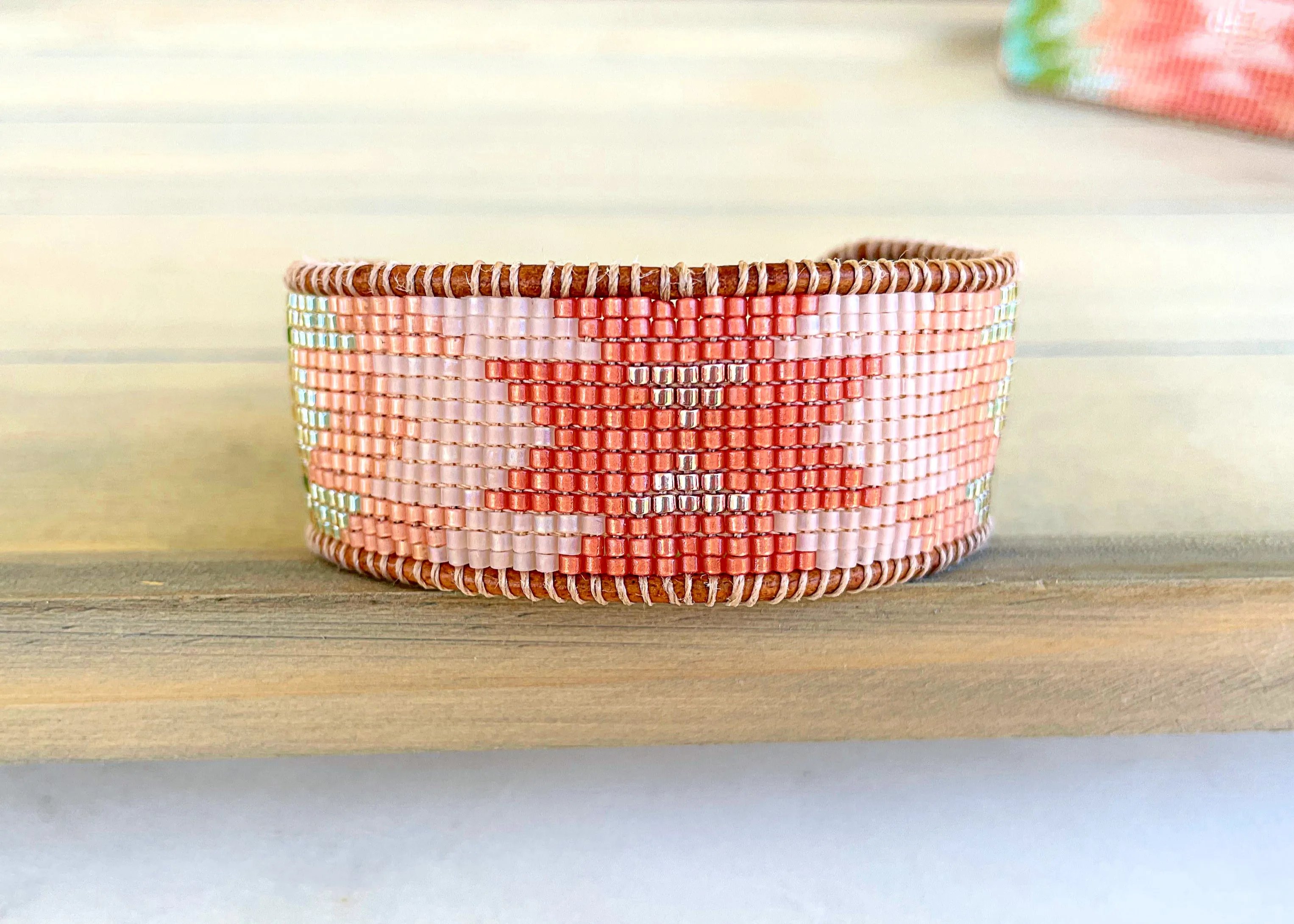 Coral, Green, and Turquoise Western Starburst Beaded Loom Bracelet