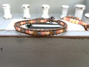 Coral Peach and Brown Ladder Woven Leather Stack bracelet