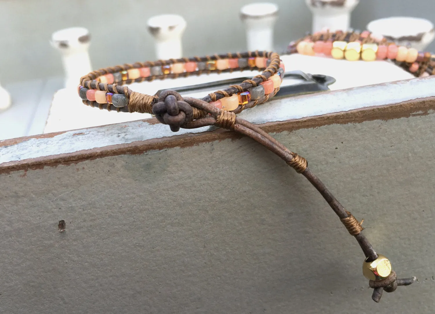 Coral Peach and Brown Ladder Woven Leather Stack bracelet