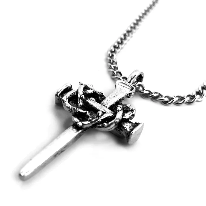 Crown Of Thorns Nail Cross Necklace Silver Finish On Chain