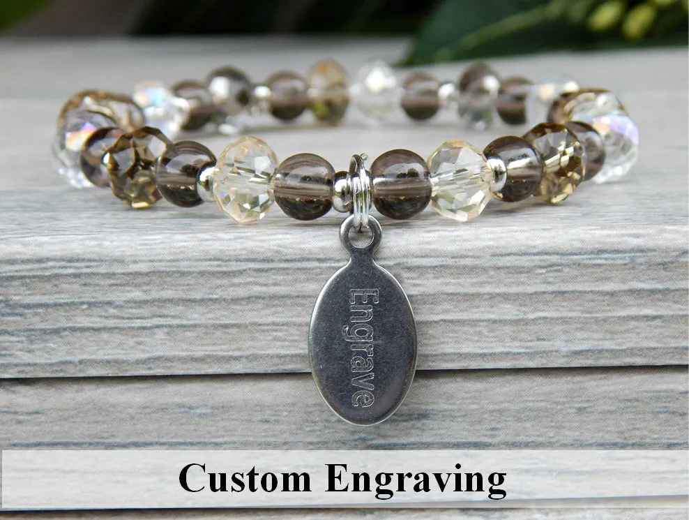 Crystal Bracelet with Quartz Beads and Personalized Engraving