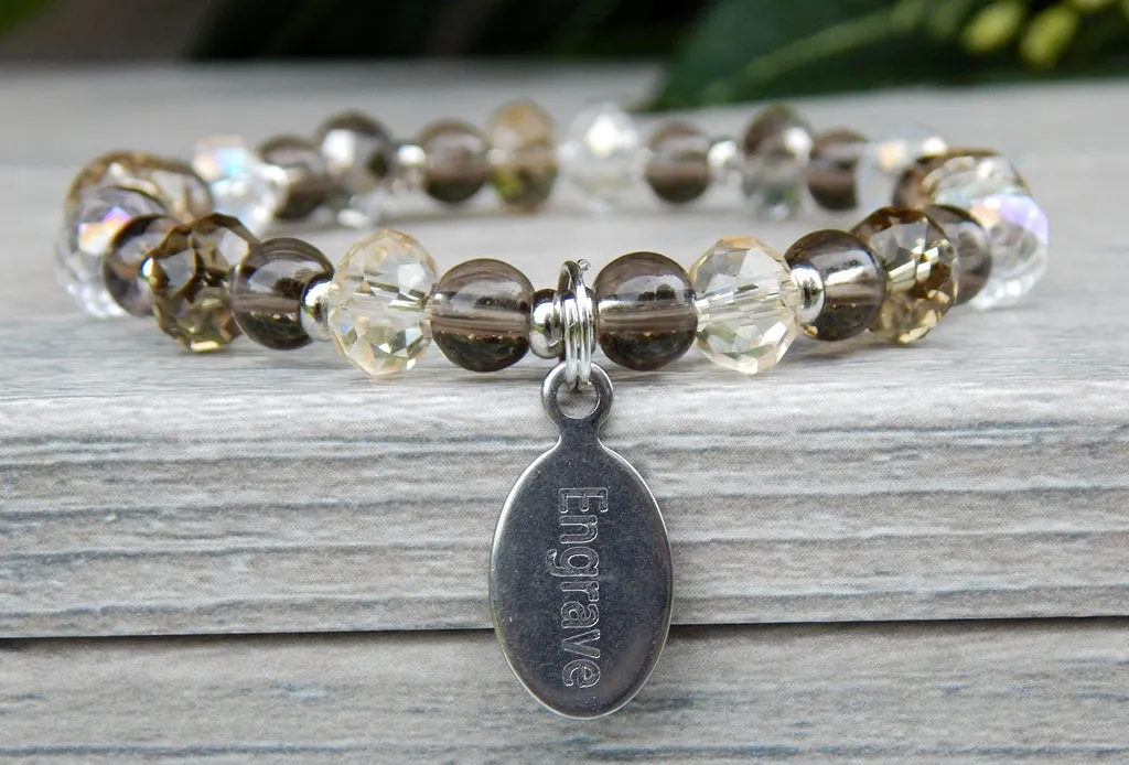 Crystal Bracelet with Quartz Beads and Personalized Engraving