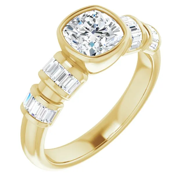 Cubic Zirconia Engagement Ring- The Astrid (Customizable Bezel-set Cushion Cut Design with Quad Horizontal Band Sleeves of Baguette Accents)