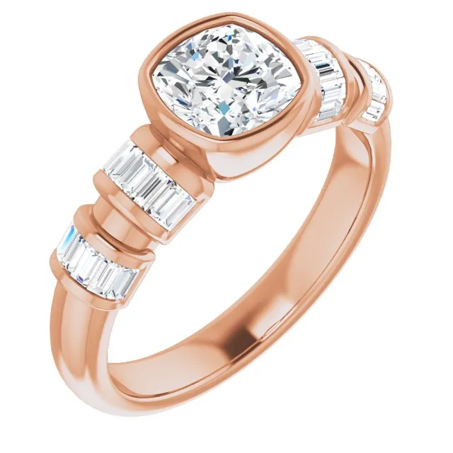 Cubic Zirconia Engagement Ring- The Astrid (Customizable Bezel-set Cushion Cut Design with Quad Horizontal Band Sleeves of Baguette Accents)