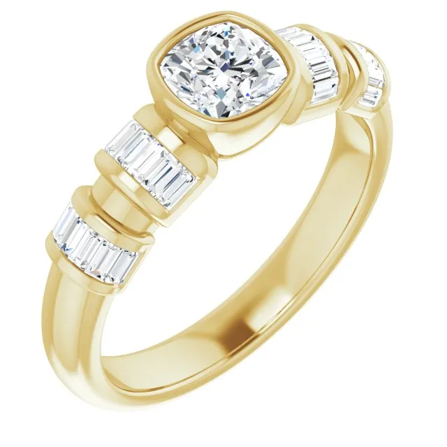Cubic Zirconia Engagement Ring- The Astrid (Customizable Bezel-set Cushion Cut Design with Quad Horizontal Band Sleeves of Baguette Accents)