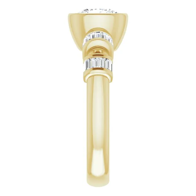 Cubic Zirconia Engagement Ring- The Astrid (Customizable Bezel-set Cushion Cut Design with Quad Horizontal Band Sleeves of Baguette Accents)