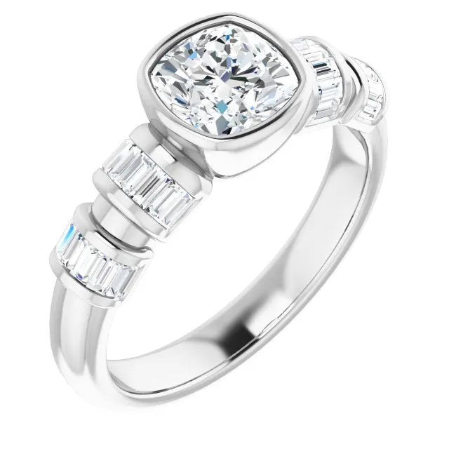 Cubic Zirconia Engagement Ring- The Astrid (Customizable Bezel-set Cushion Cut Design with Quad Horizontal Band Sleeves of Baguette Accents)