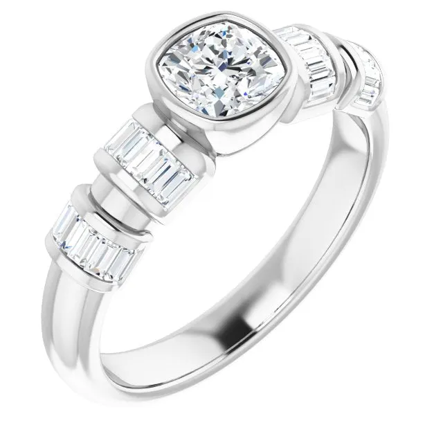 Cubic Zirconia Engagement Ring- The Astrid (Customizable Bezel-set Cushion Cut Design with Quad Horizontal Band Sleeves of Baguette Accents)