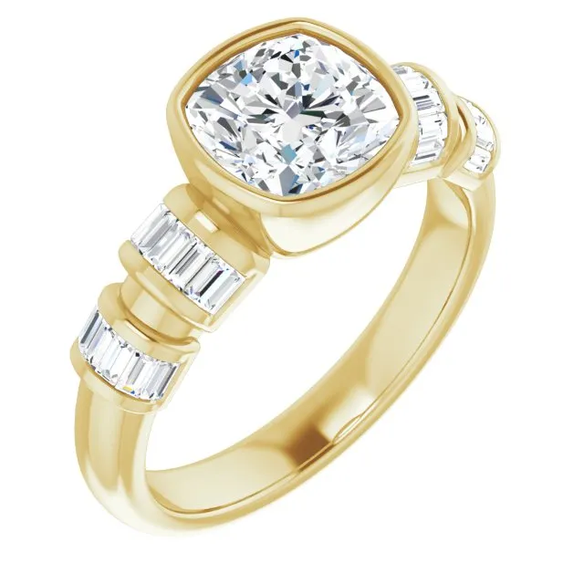 Cubic Zirconia Engagement Ring- The Astrid (Customizable Bezel-set Cushion Cut Design with Quad Horizontal Band Sleeves of Baguette Accents)