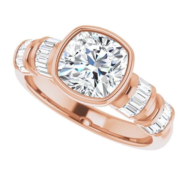 Cubic Zirconia Engagement Ring- The Astrid (Customizable Bezel-set Cushion Cut Design with Quad Horizontal Band Sleeves of Baguette Accents)