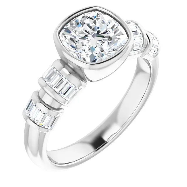 Cubic Zirconia Engagement Ring- The Astrid (Customizable Bezel-set Cushion Cut Design with Quad Horizontal Band Sleeves of Baguette Accents)