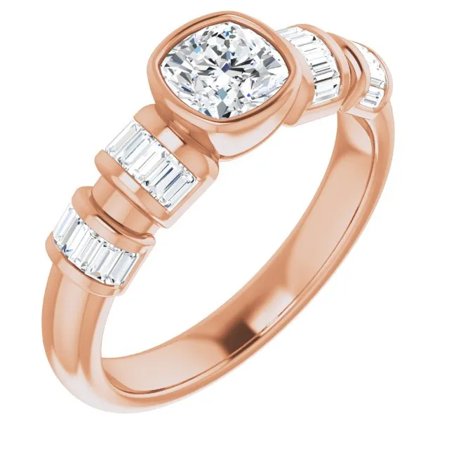 Cubic Zirconia Engagement Ring- The Astrid (Customizable Bezel-set Cushion Cut Design with Quad Horizontal Band Sleeves of Baguette Accents)