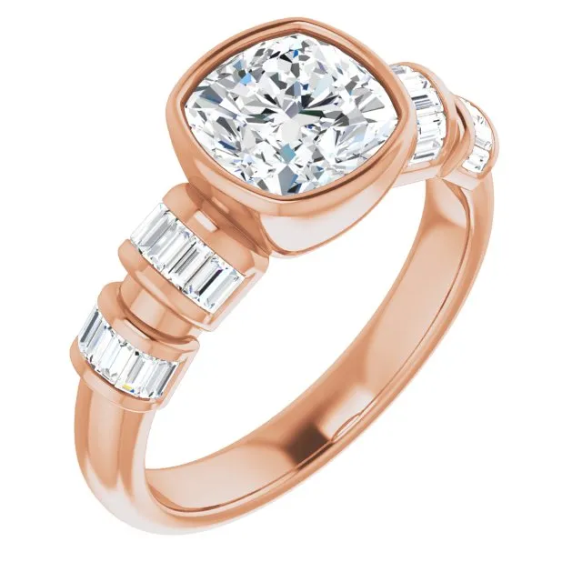 Cubic Zirconia Engagement Ring- The Astrid (Customizable Bezel-set Cushion Cut Design with Quad Horizontal Band Sleeves of Baguette Accents)