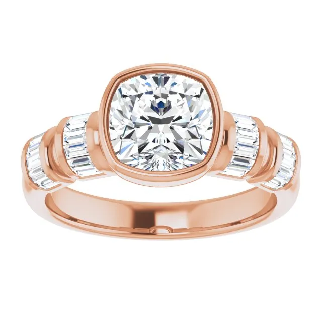 Cubic Zirconia Engagement Ring- The Astrid (Customizable Bezel-set Cushion Cut Design with Quad Horizontal Band Sleeves of Baguette Accents)