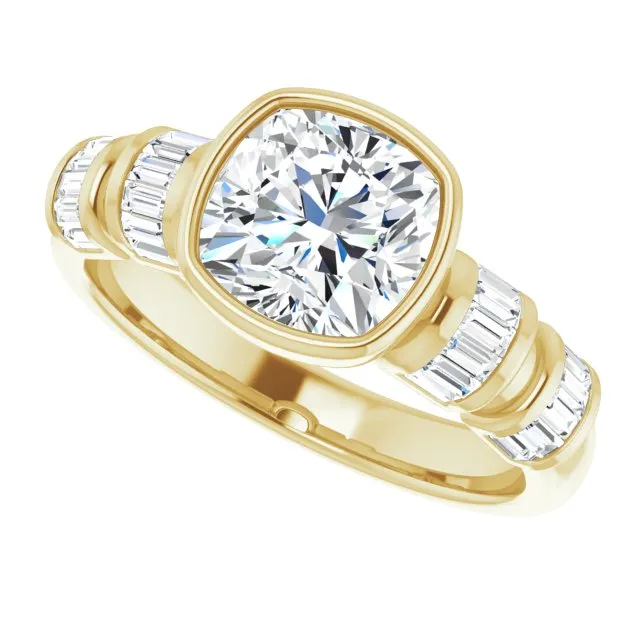 Cubic Zirconia Engagement Ring- The Astrid (Customizable Bezel-set Cushion Cut Design with Quad Horizontal Band Sleeves of Baguette Accents)