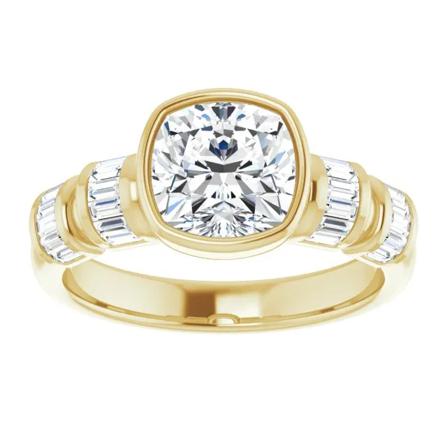 Cubic Zirconia Engagement Ring- The Astrid (Customizable Bezel-set Cushion Cut Design with Quad Horizontal Band Sleeves of Baguette Accents)