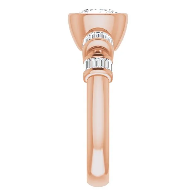 Cubic Zirconia Engagement Ring- The Astrid (Customizable Bezel-set Cushion Cut Design with Quad Horizontal Band Sleeves of Baguette Accents)