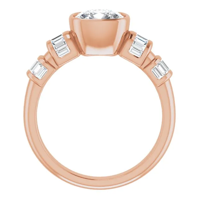 Cubic Zirconia Engagement Ring- The Astrid (Customizable Bezel-set Cushion Cut Design with Quad Horizontal Band Sleeves of Baguette Accents)