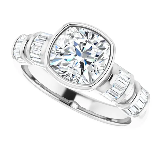 Cubic Zirconia Engagement Ring- The Astrid (Customizable Bezel-set Cushion Cut Design with Quad Horizontal Band Sleeves of Baguette Accents)