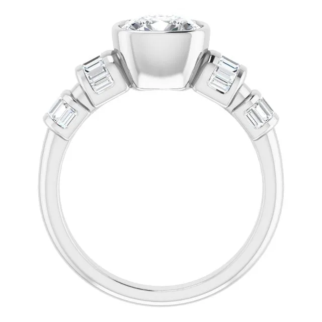 Cubic Zirconia Engagement Ring- The Astrid (Customizable Bezel-set Cushion Cut Design with Quad Horizontal Band Sleeves of Baguette Accents)