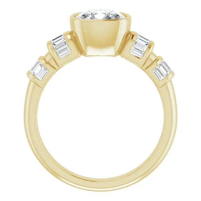 Cubic Zirconia Engagement Ring- The Astrid (Customizable Bezel-set Cushion Cut Design with Quad Horizontal Band Sleeves of Baguette Accents)