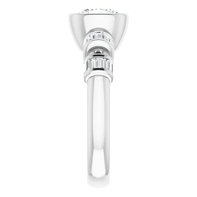 Cubic Zirconia Engagement Ring- The Astrid (Customizable Bezel-set Cushion Cut Design with Quad Horizontal Band Sleeves of Baguette Accents)