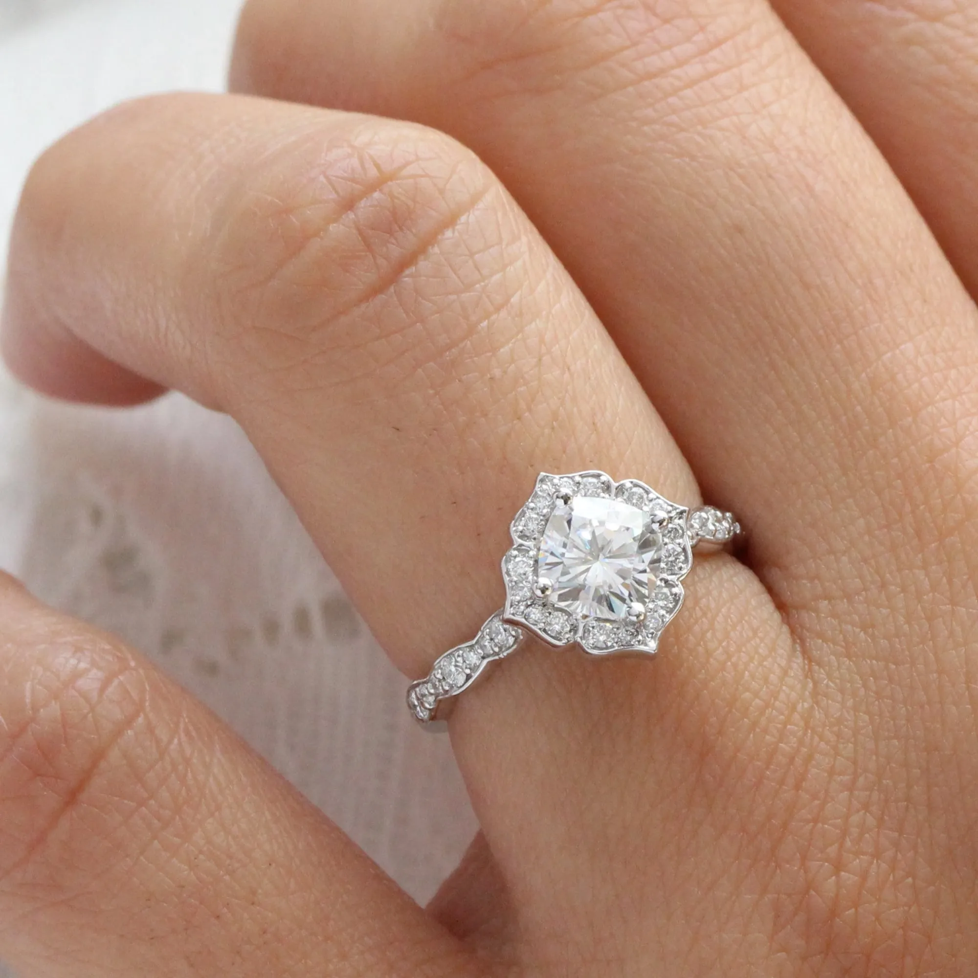 Cushion Moissanite Diamond Ring in 14k White Gold Mini Vintage Floral, Size 5.5