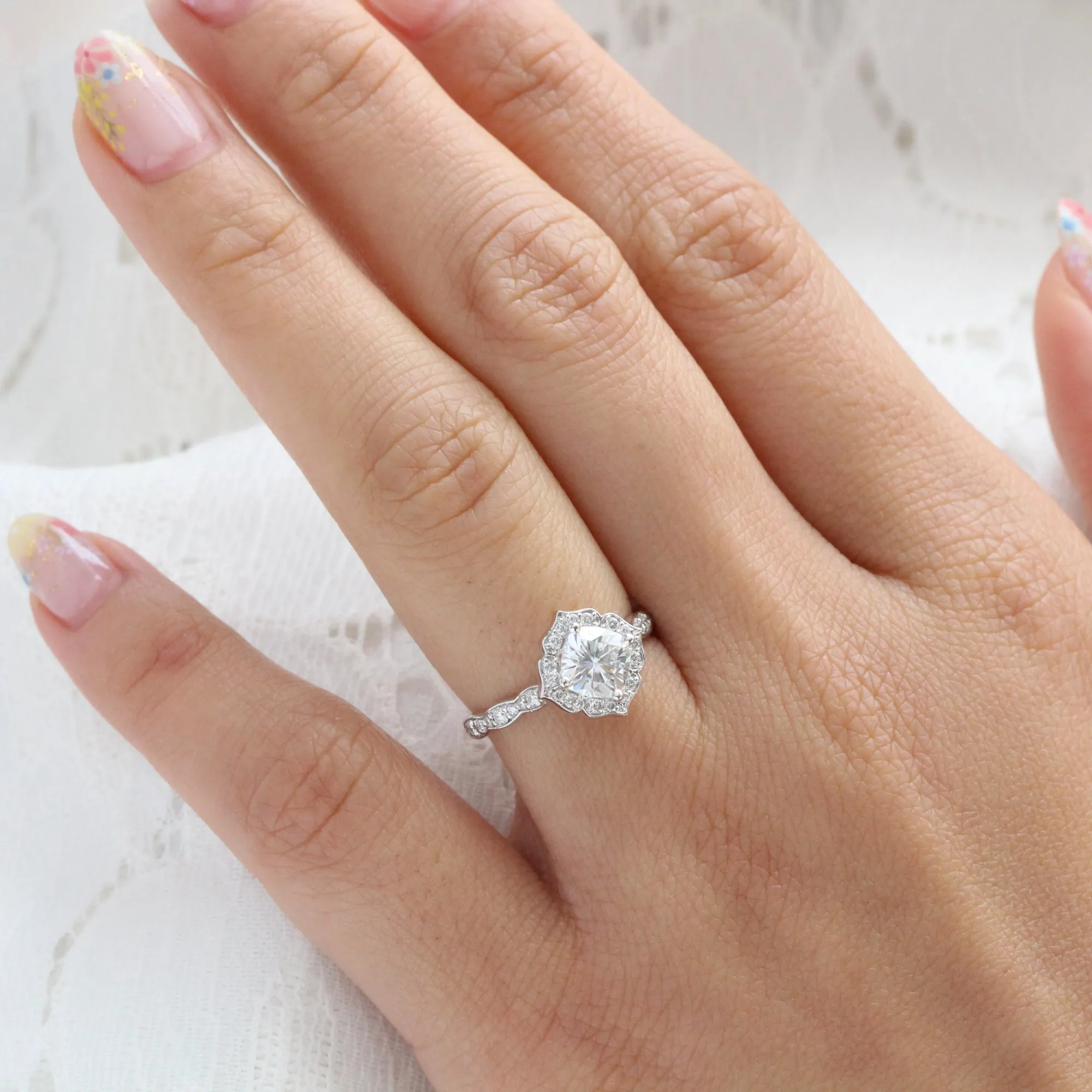 Cushion Moissanite Diamond Ring in 14k White Gold Mini Vintage Floral, Size 5.5