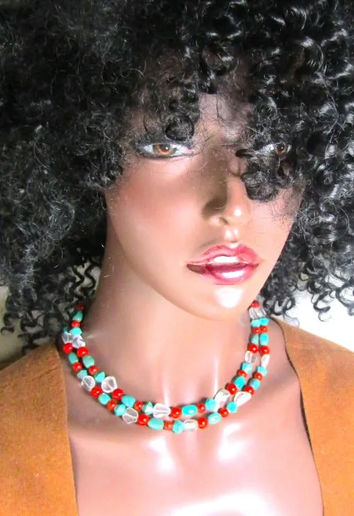 Double-strand Turquoise Nugget Necklace and Earrings
