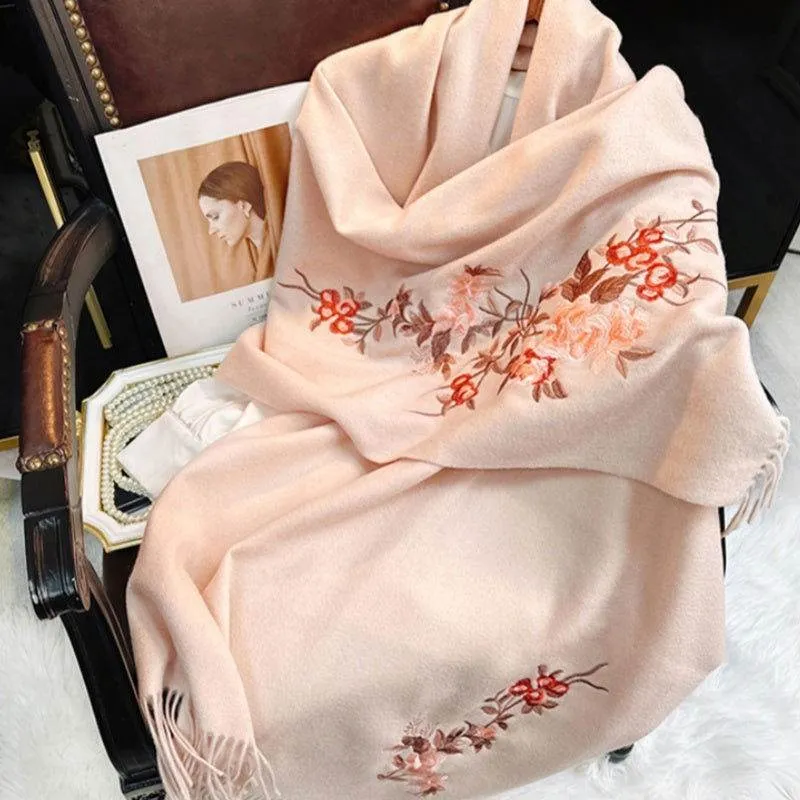 Embroidery 100% Pure Cashmere Scarf Soft and Warm 200x70 cm