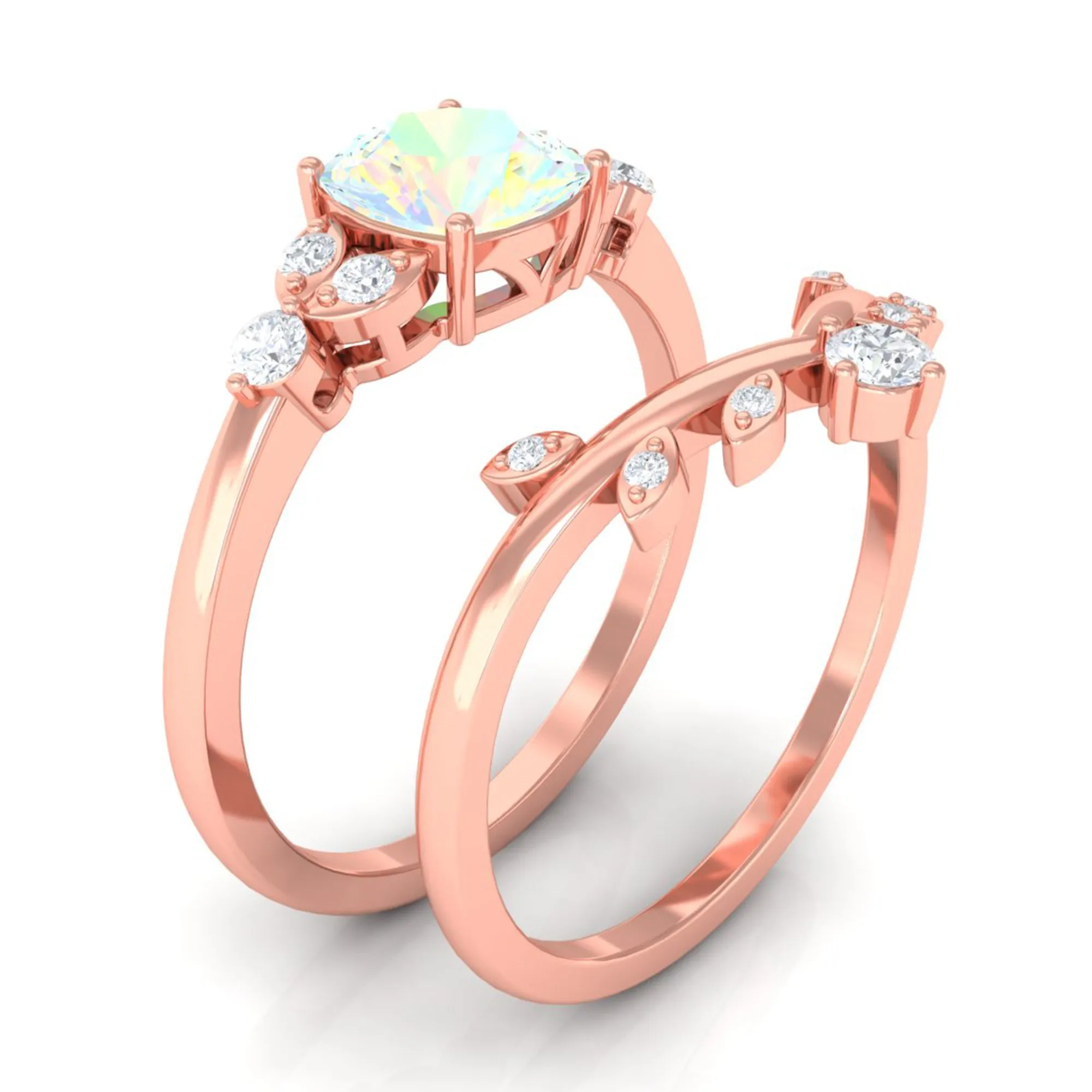 Ethiopian Opal and Diamond Ring Set with Leaf Motif