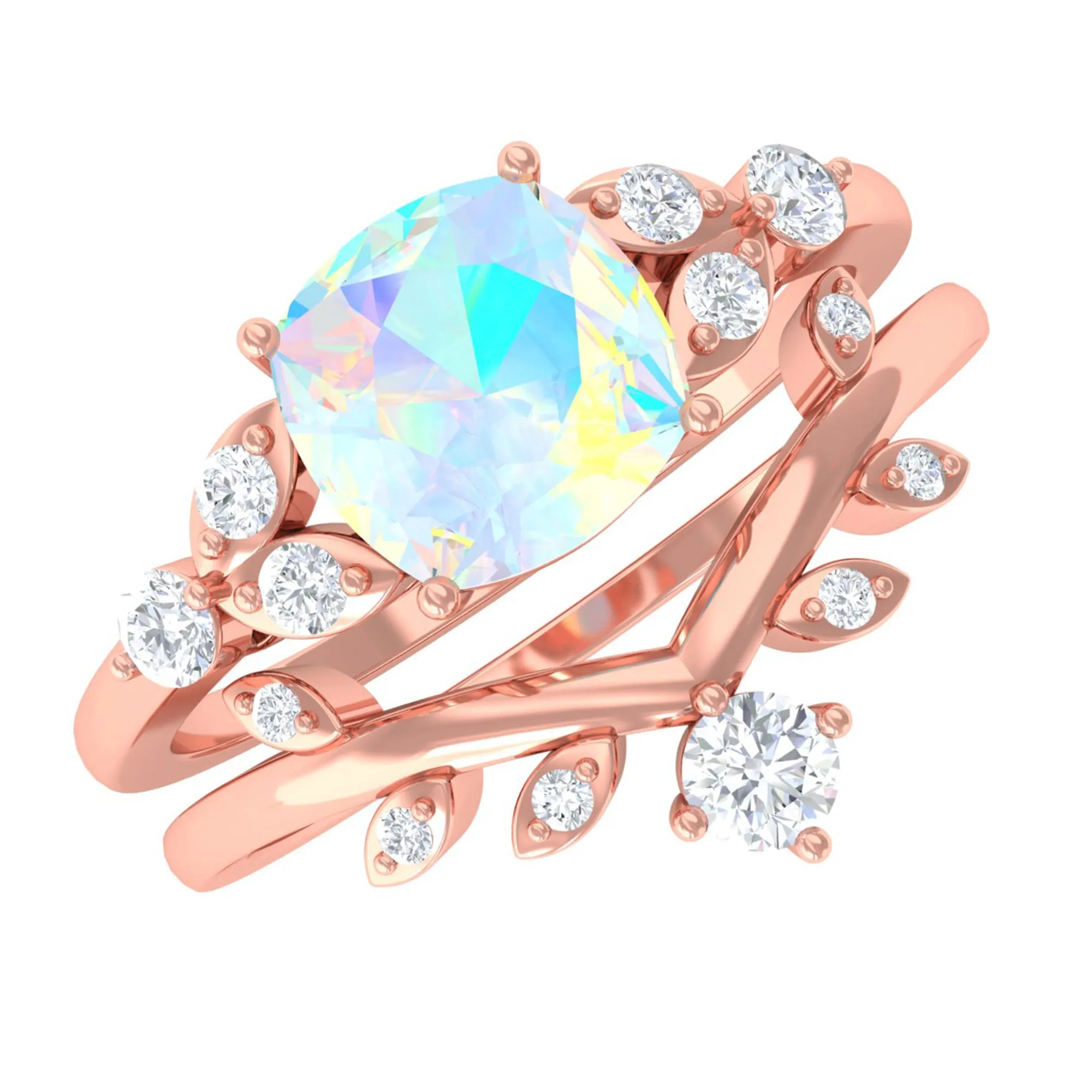Ethiopian Opal and Diamond Ring Set with Leaf Motif