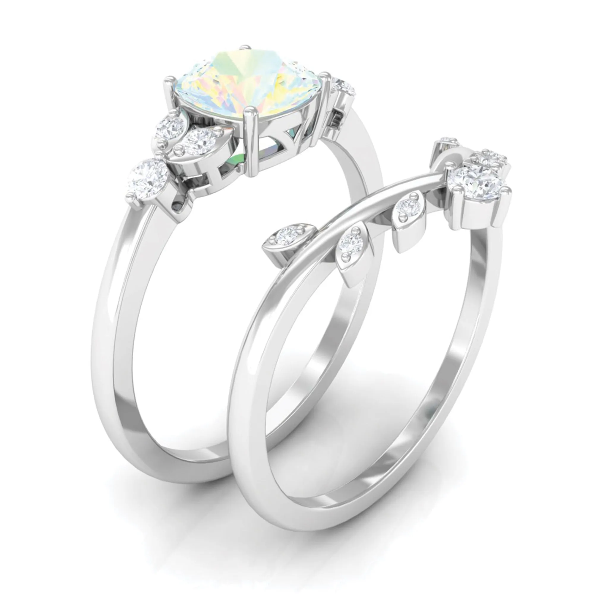 Ethiopian Opal and Diamond Ring Set with Leaf Motif