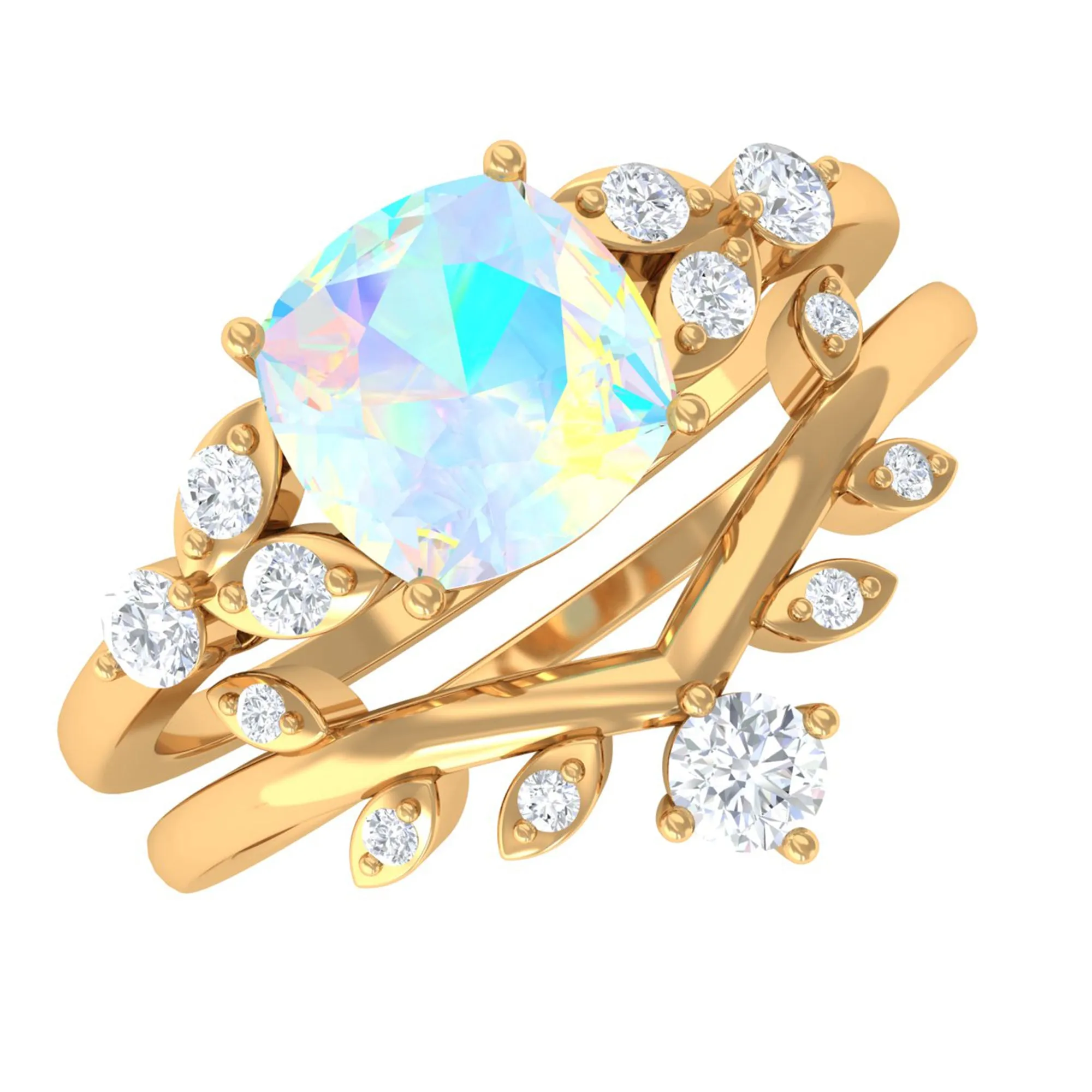 Ethiopian Opal and Diamond Ring Set with Leaf Motif