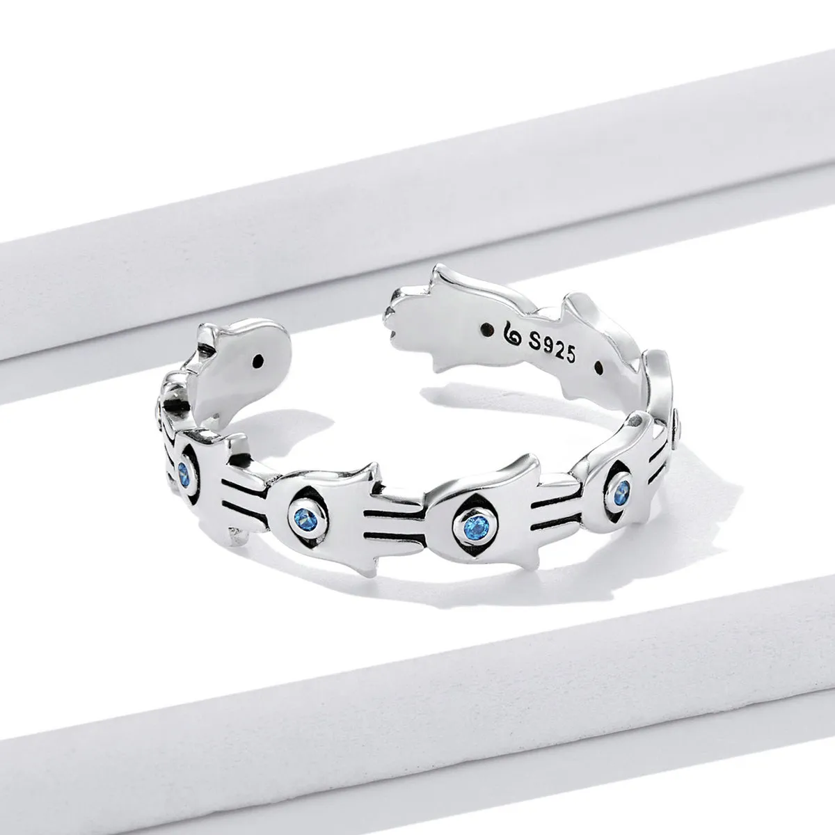 Evil Eye Hamsa Cuff Ring Sterling Silver