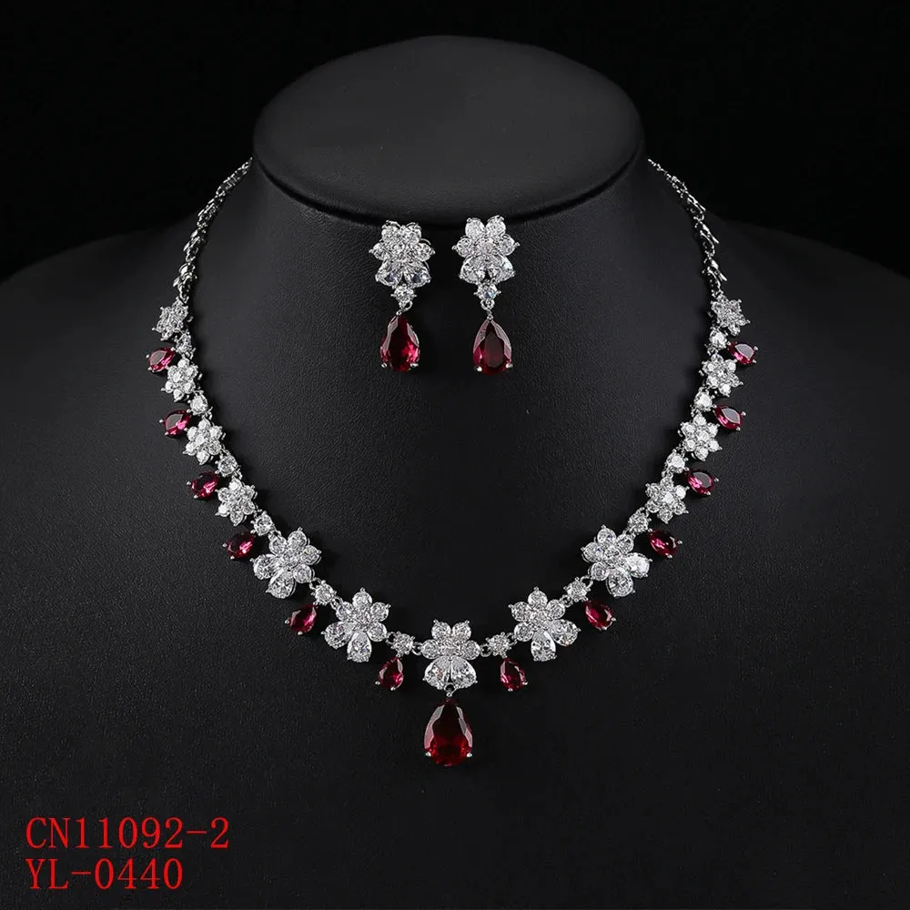Fashion Jewelry Set Gorgeous Cubic Zirconia Party Flower Necklace Earrings Set