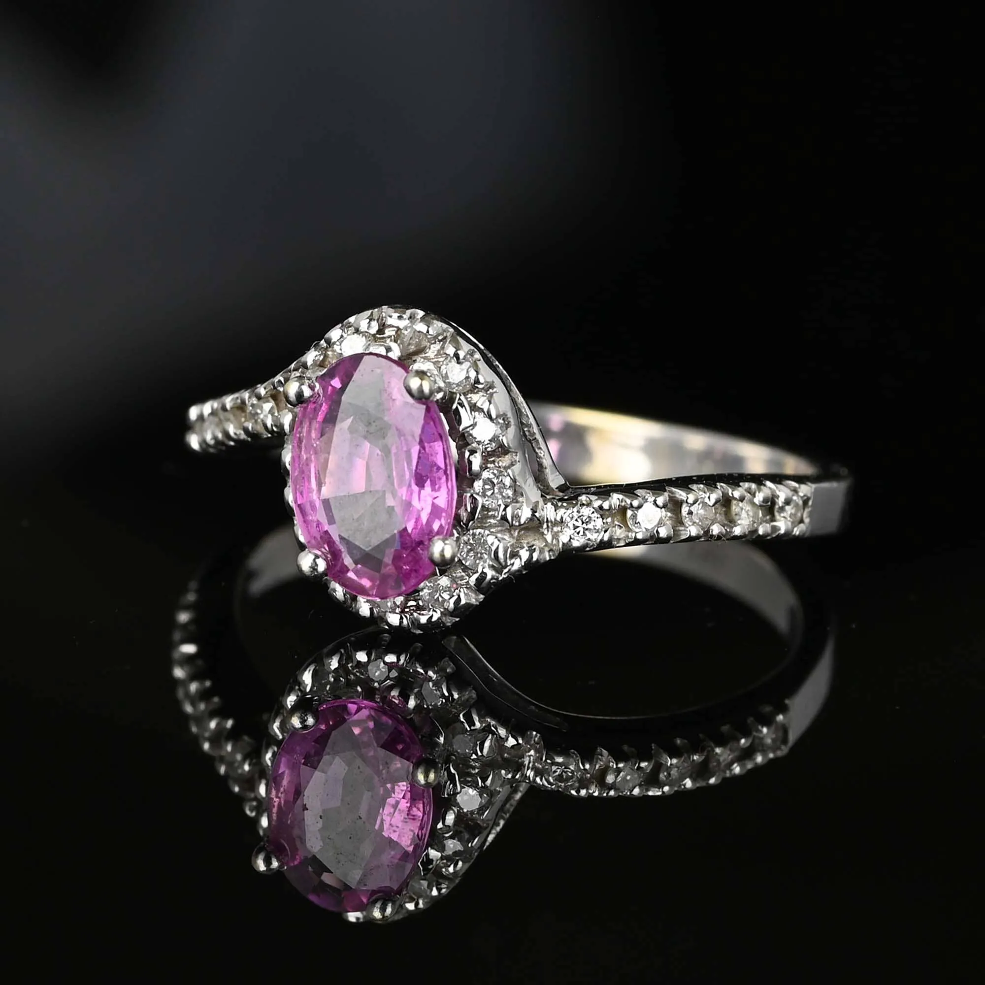 Fine Diamond Halo Bypass Pink Sapphire Ring