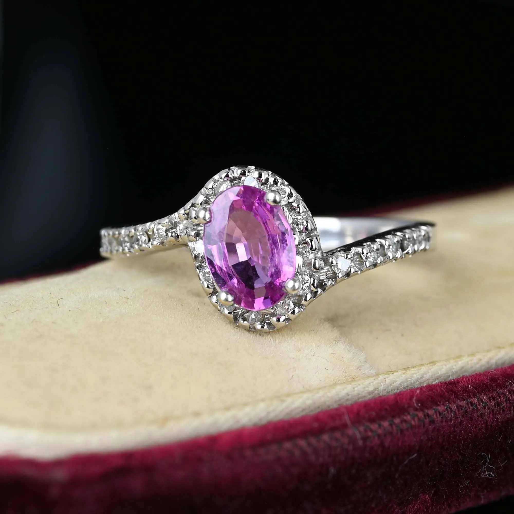 Fine Diamond Halo Bypass Pink Sapphire Ring