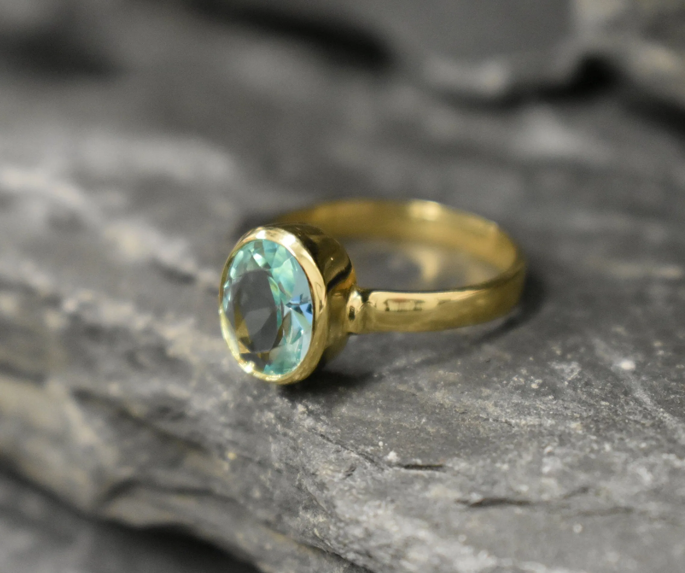 Gold Aquamarine Ring - Aquamarine Bezel Ring - Blue Gemstone Ring