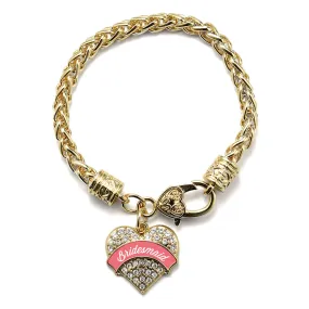 Gold Coral Bridesmaid Pave Heart Charm Braided Bracelet