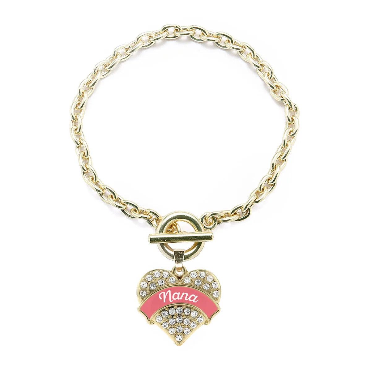 Gold Coral Nana Pave Heart Charm Toggle Bracelet